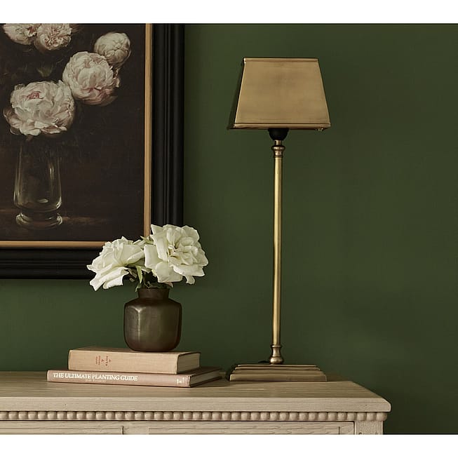 Brass Column Table Lamp with Olive Green Velvet Shade